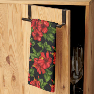 Red flowers on the black background kitchen towel