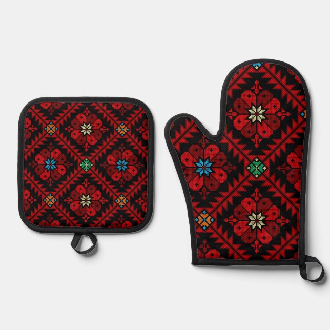 Red flowers Palestine Embroidery tatreez Pattern Oven Mitt & Pot Holder Set (Front)