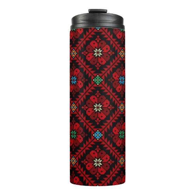 Red flowers Palestine Embroidery tatreez Pattern Thermal Tumbler (Front)