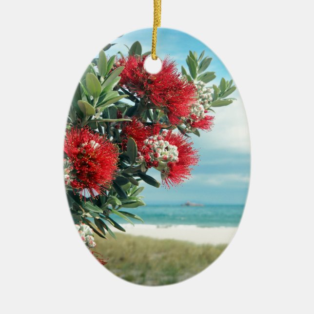 Red flowers paradise beach New Zealand summer Ceramic Ornament (Front)