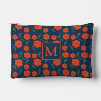 Red Flowers Pattern Dark Blue Monogram