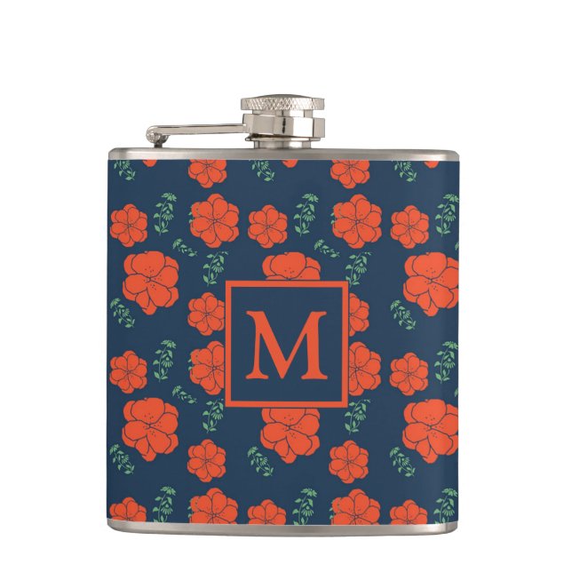 Red Flowers Pattern Dark Blue Monogram Hip Flask (Front)