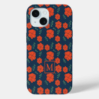 Red Flowers Pattern Dark Blue Monogram