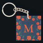 Red Flowers Pattern Dark Blue Monogram Keychain<br><div class="desc">Cute red and blue floral pattern on personalised keychain.</div>