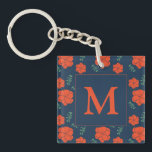 Red Flowers Pattern Dark Blue Monogram Keychain<br><div class="desc">Cute red and blue floral pattern on personalised keychain.</div>