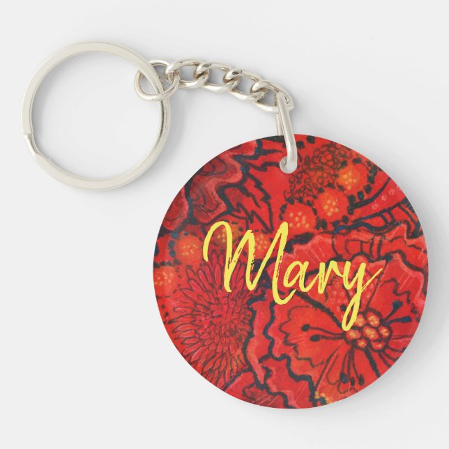 Red Flowers personalized monogram name custom text Keychain (Front)