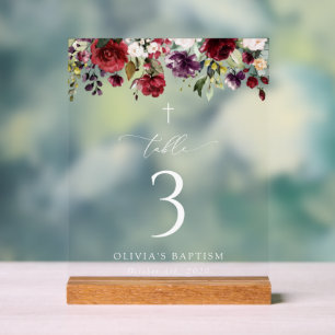 Red Flowers, Pink Flowers, Baptism Table Numbers Acrylic Sign