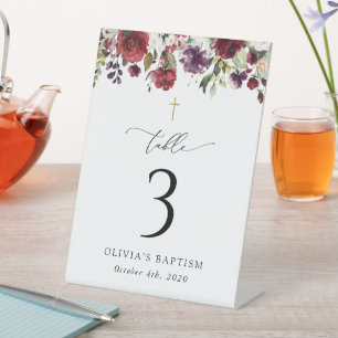 Red Flowers, Pink Flowers, Baptism Table Numbers Pedestal Sign