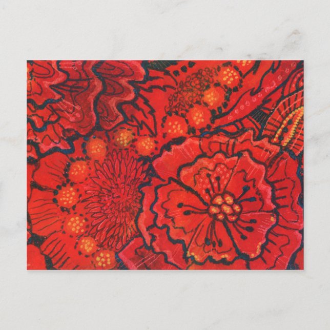 Red Flowers, Quirky Flower Abstract Floral Art Postcard (Front)