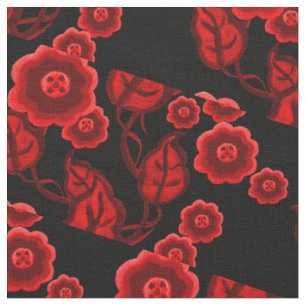 Red flowers/red leaves/Folk art floral 2 black Fabric