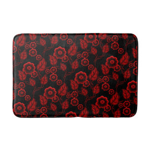Red flowers, red leaves, Folk art floral/black Bath Mat