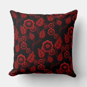 Red flowers, red leaves, Folk art floral/black Throw Pillow