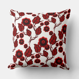 Red flowers, red leaves, Folk art floral Throw Pillow