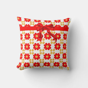 Red flowers & ribbon with golden dots on white throw pillow