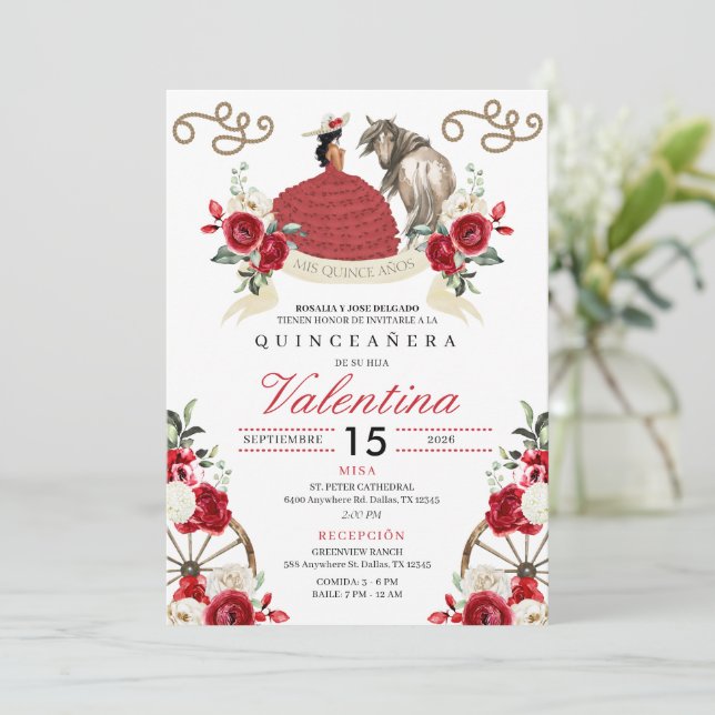 Red Flowers Rustic Cowgirl Western Quinceañera Invitation (Standing Front)