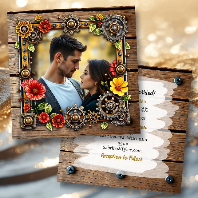 Red  Flowers Steampunk Personalized Wedding Invitation (Creator Uploaded)