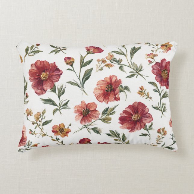 Red Flowers Stripes Accent Pillow (Front)