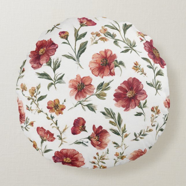 Red Flowers Stripes Round Pillow (Front)