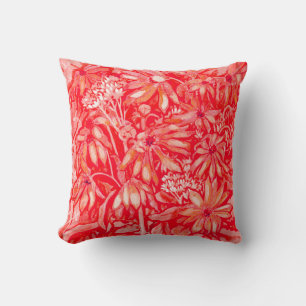 Red Flowers Summer Wildflowers Floral Art Painting Throw Pillow