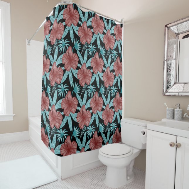 Red flowers tropical seamless pattern &blue leaves (In Situ)