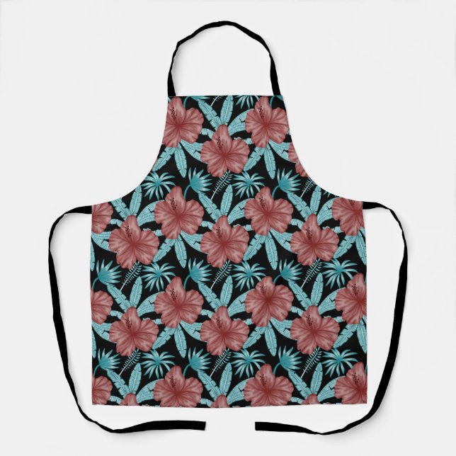 Red flowers tropical seamless pattern &blue leaves apron (Front)