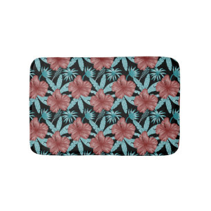 Red flowers tropical seamless pattern &blue leaves bath mat