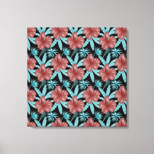Red flowers tropical seamless pattern &blue leaves canvas print