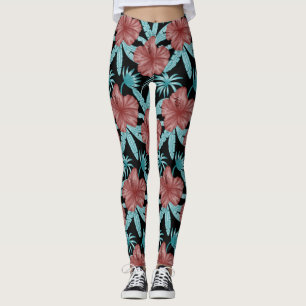 Red flowers tropical seamless pattern &blue leaves leggings
