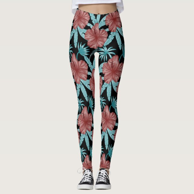 Red flowers tropical seamless pattern &blue leaves leggings (Front)