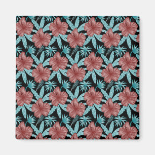 Red flowers tropical seamless pattern &blue leaves magnet