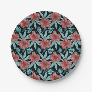 Red flowers tropical seamless pattern &blue leaves paper plate