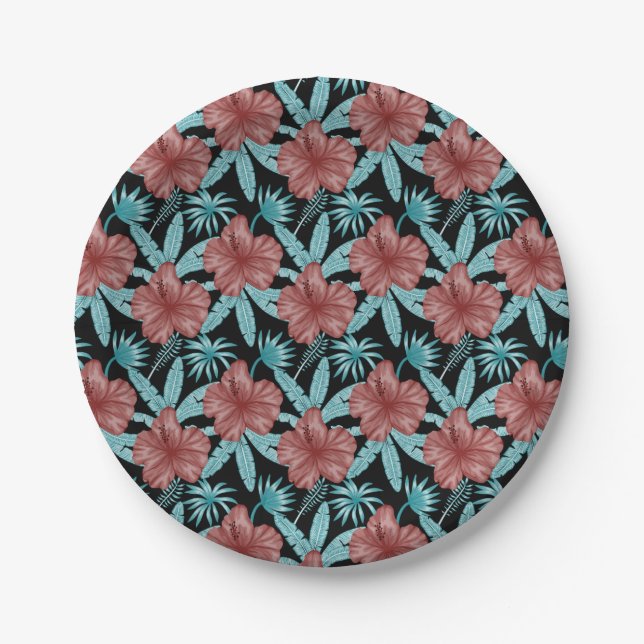 Red flowers tropical seamless pattern &blue leaves paper plate (Front)