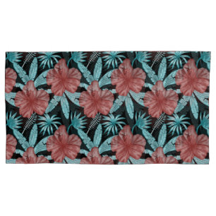 Red flowers tropical seamless pattern &blue leaves pillowcase