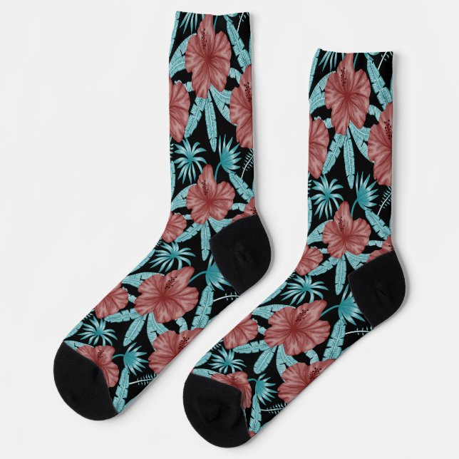 Red flowers tropical seamless pattern &blue leaves socks (Left)