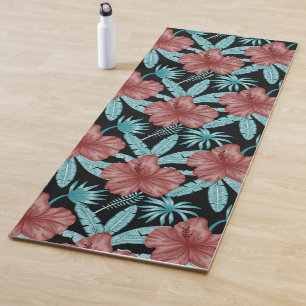 Red flowers tropical seamless pattern &blue leaves yoga mat