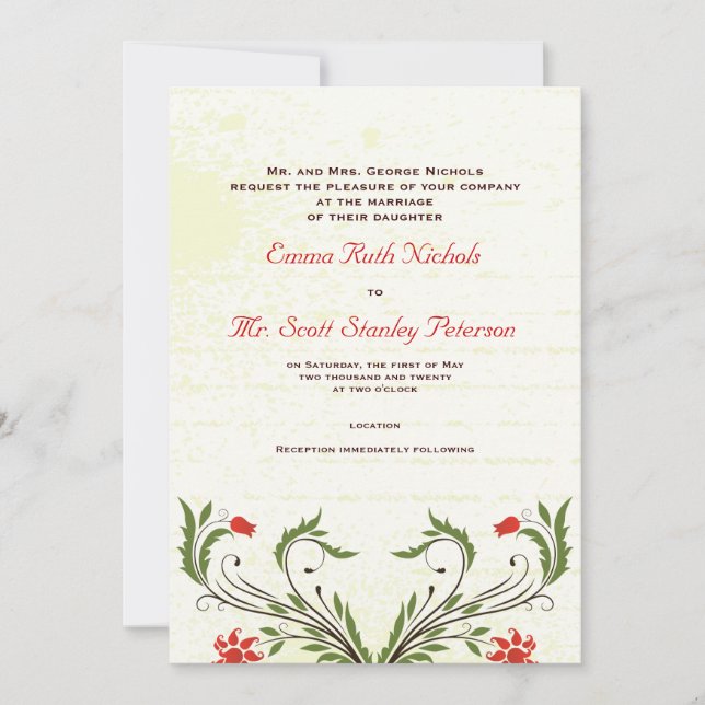 Red Flowers Vintage Art Nouveau Wedding Invite (Front)