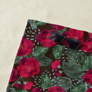 Red flowers, watercolor floral pattern. beach towel