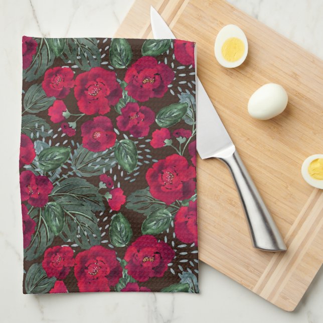Red flowers, watercolor floral pattern. kitchen towel (Quarter Fold)