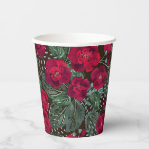 Red flowers, watercolor floral pattern. paper cups