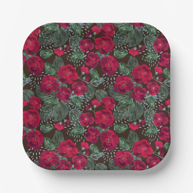 Red flowers, watercolor floral pattern. paper plate (Front)