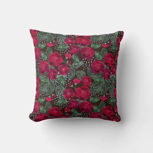 Red flowers, watercolor floral pattern. throw pillow (Front)