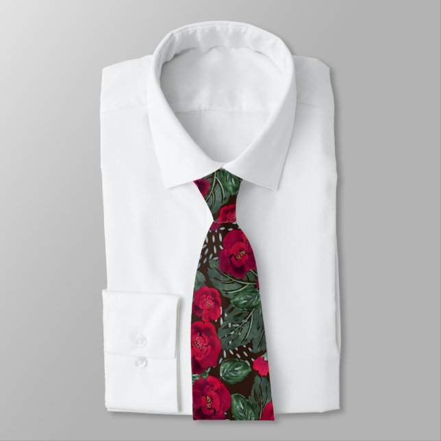 Red flowers, watercolor floral pattern. tie (Tied)
