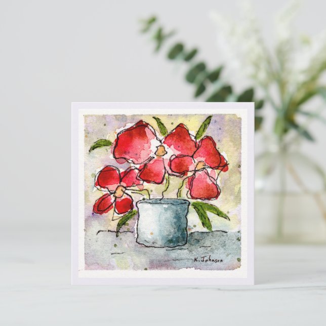 Red Flowers Watercolor Greeting Card (Standing Front)