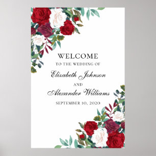 Red flowers welcome sign print. Boho wedding