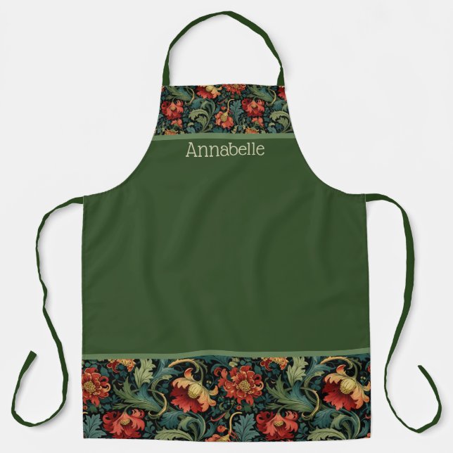 Red Flowers William Morris Print Personalize Apron (Front)