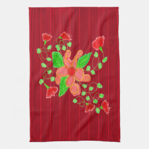 Red Flowers With Black Pinstripe Kitchen Towel
