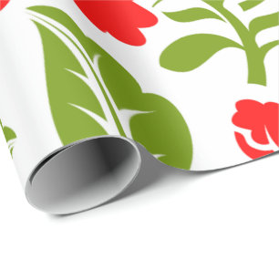Red flowers with green leaves create a vibrant wrapping paper