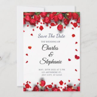 Red flowers with romantic red hearts invitation