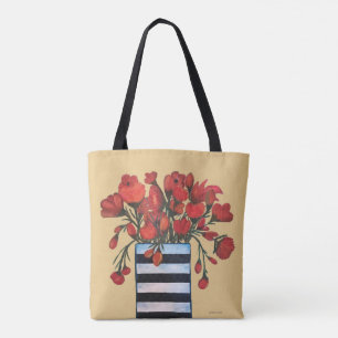 Red Flowers with Striped Vase Fine Art Tote Bag