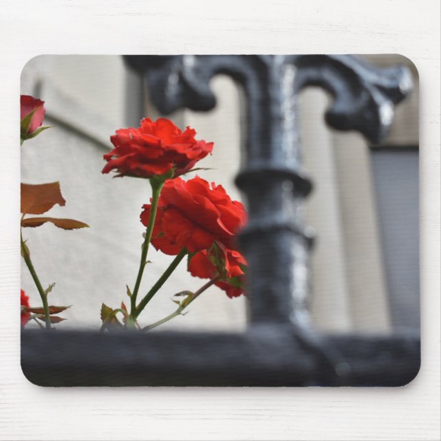 Red Flowers Wrought Iron New York City Photography Mouse Pad (Front)